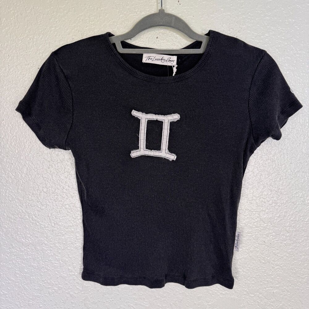 The Laundry Room Black Ribbed Gemini Patch Crop Top